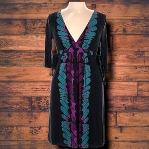 Black VNeck Midi Dress w/ 3/4 Length Sleeves & Blue & Purple Print Down Middle